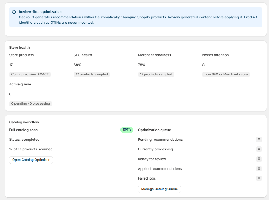 Gecko Optimizer dashboard